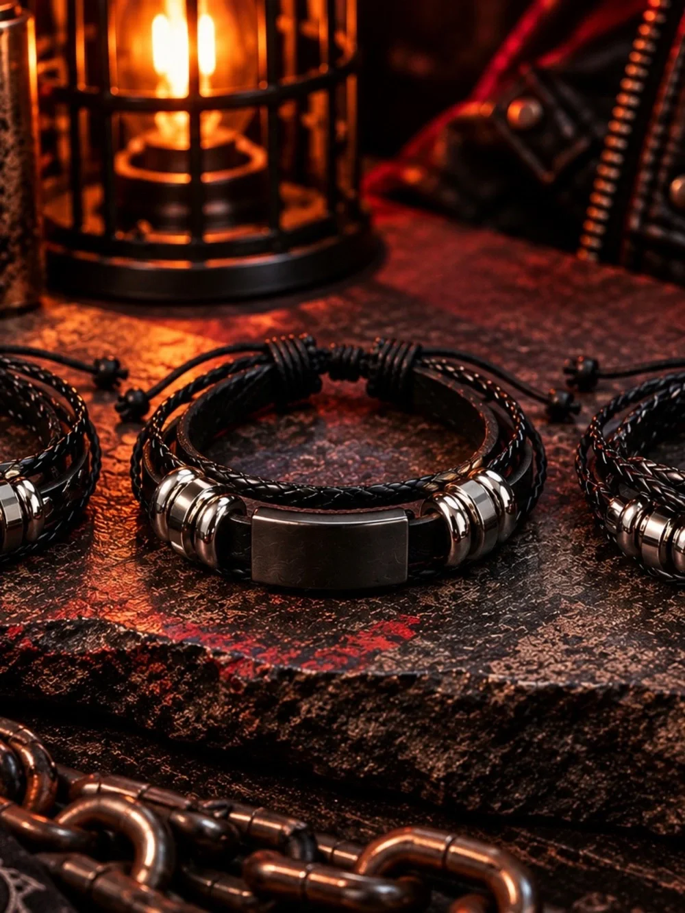 9 Pc Mens Black Braided Bracelet Lot Skull Biker Goth Punk Metal Accent